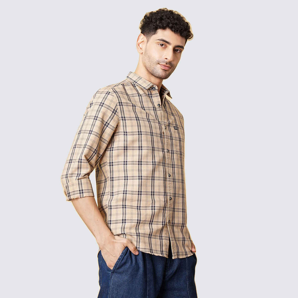 The Indian Garage Co Men's Slim Fit Checked Casual Shirt | Beige - XL