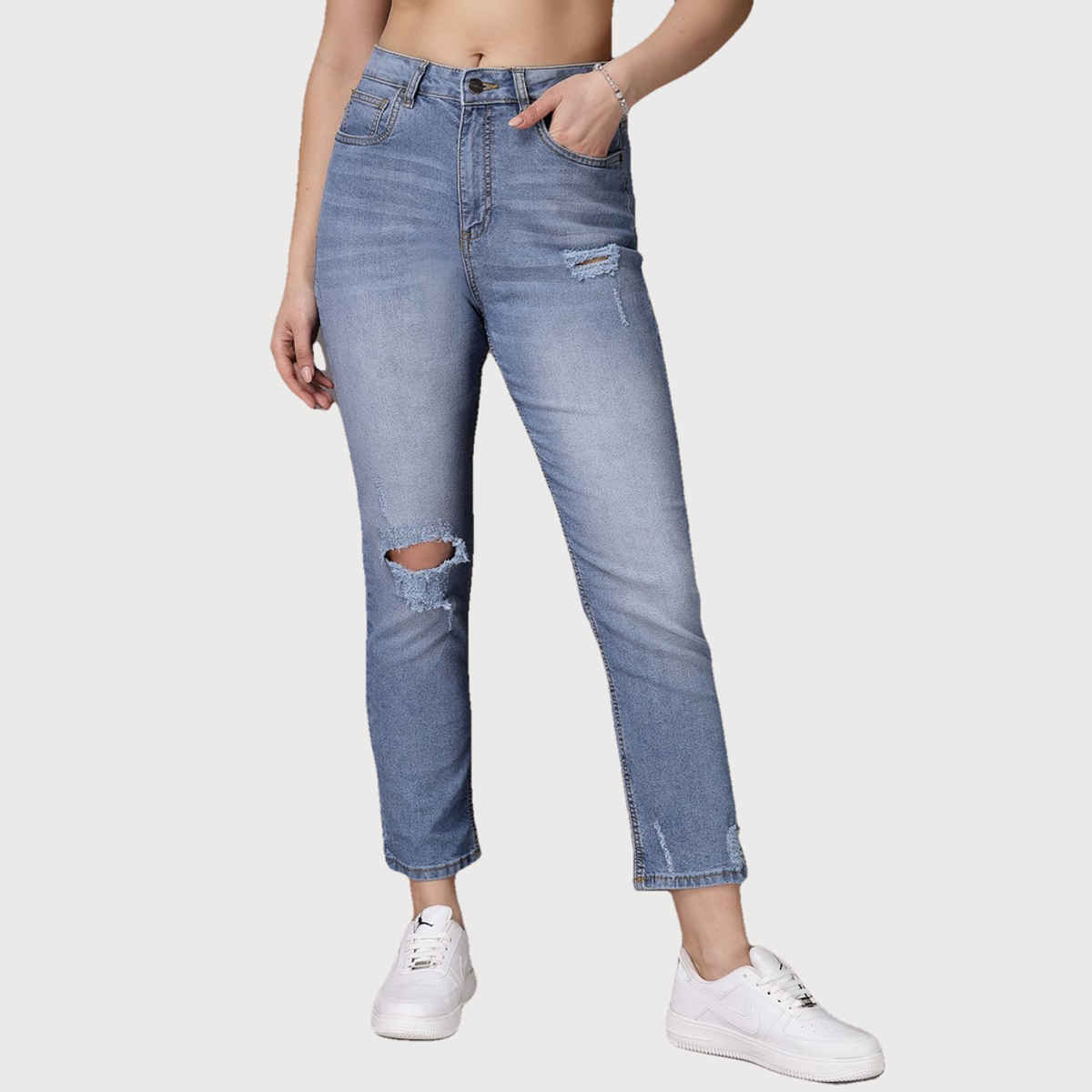 Freehand Women's Distressed Straight Fit Jeans | Blue - 28