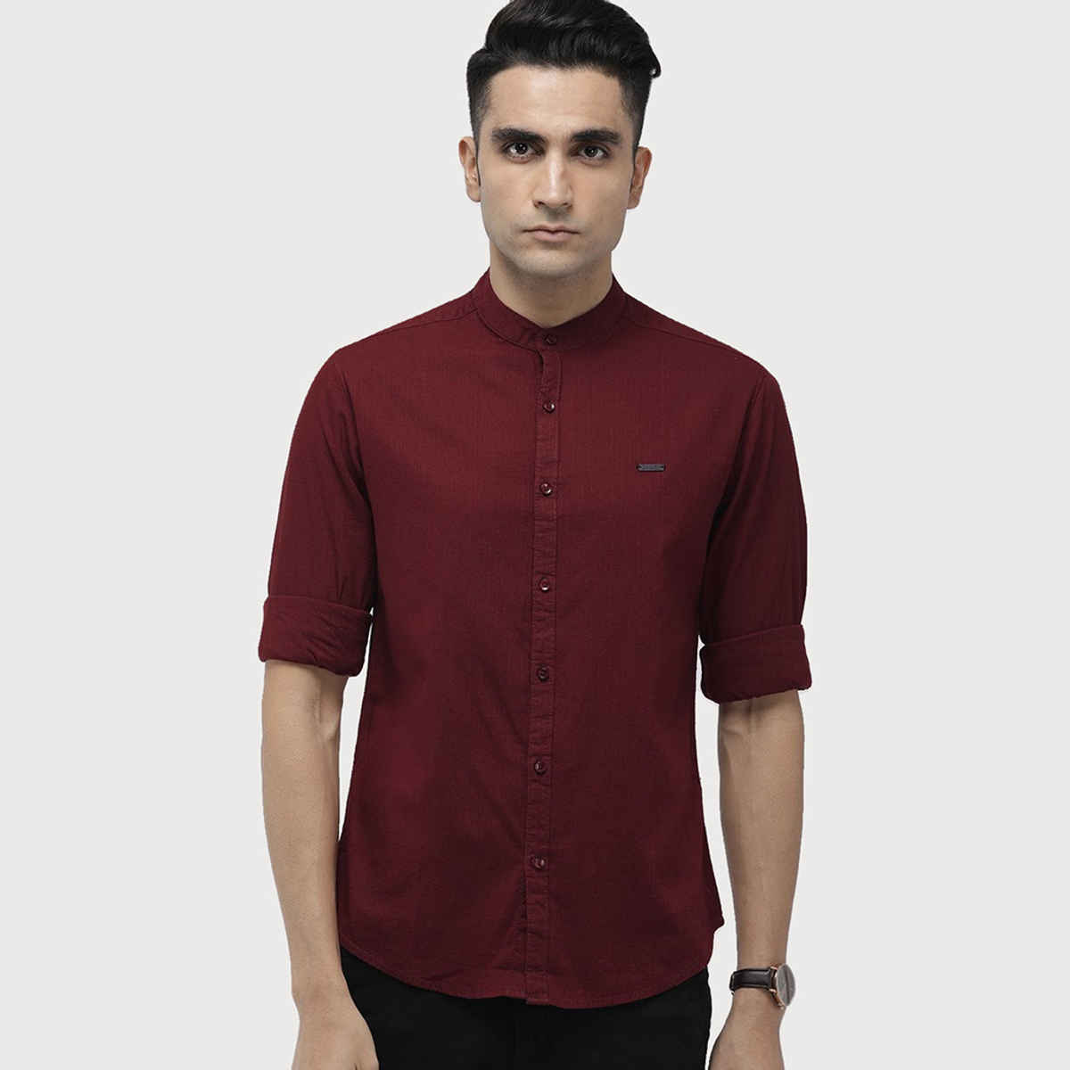 The Indian Garage Co Men's Slim Fit Solid Casual Shirt | Maroon - L