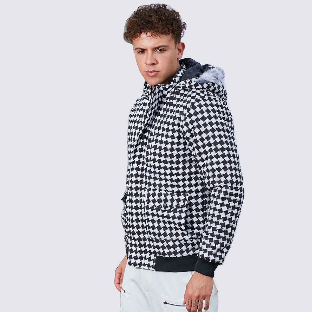 Campus Sutra Men's Checkboard Puffer Jacket With Fleece Hood | Carbon Black & Chalk White - XL
