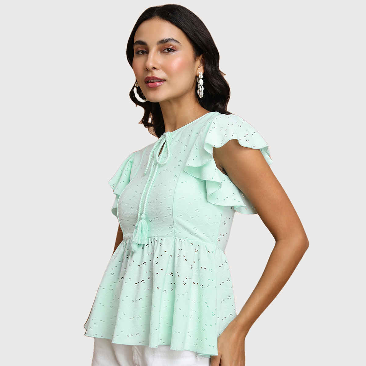 Tokyo Talkies Women's Schiffli Peplum Top with Tie-Up Neck and Flutter Sleeves | Blue - S