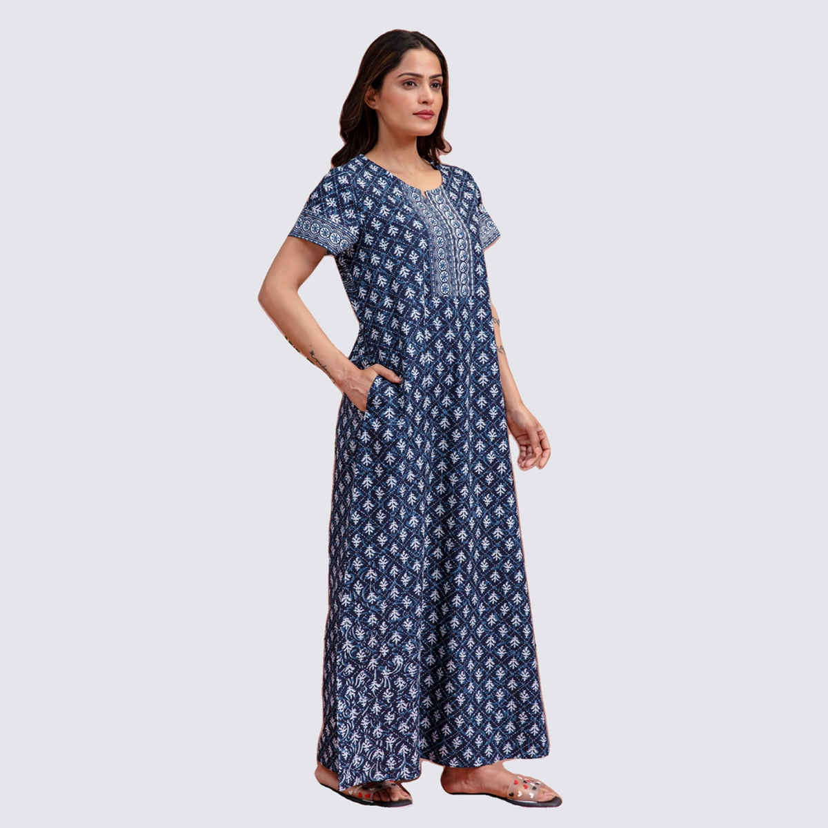NIHSAMAH Women's Essential Slip-On Nighty | Full Length | Navy Blue - XL