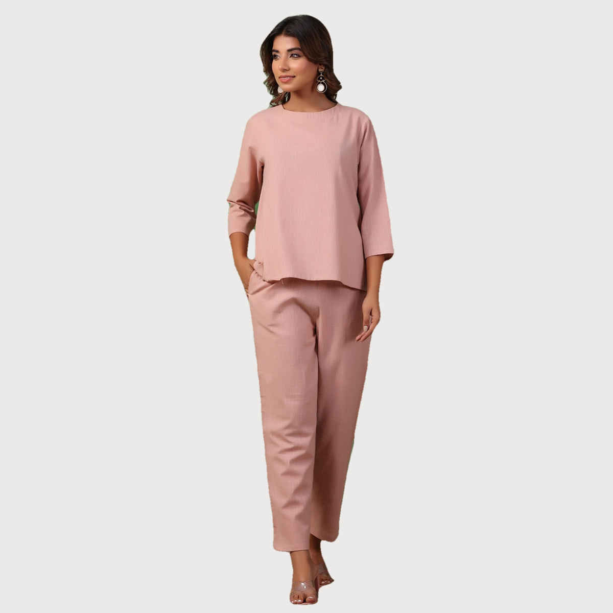 Sanskrutihomes Round Neck Pure Cotton Top And Trousers | Pink | XL