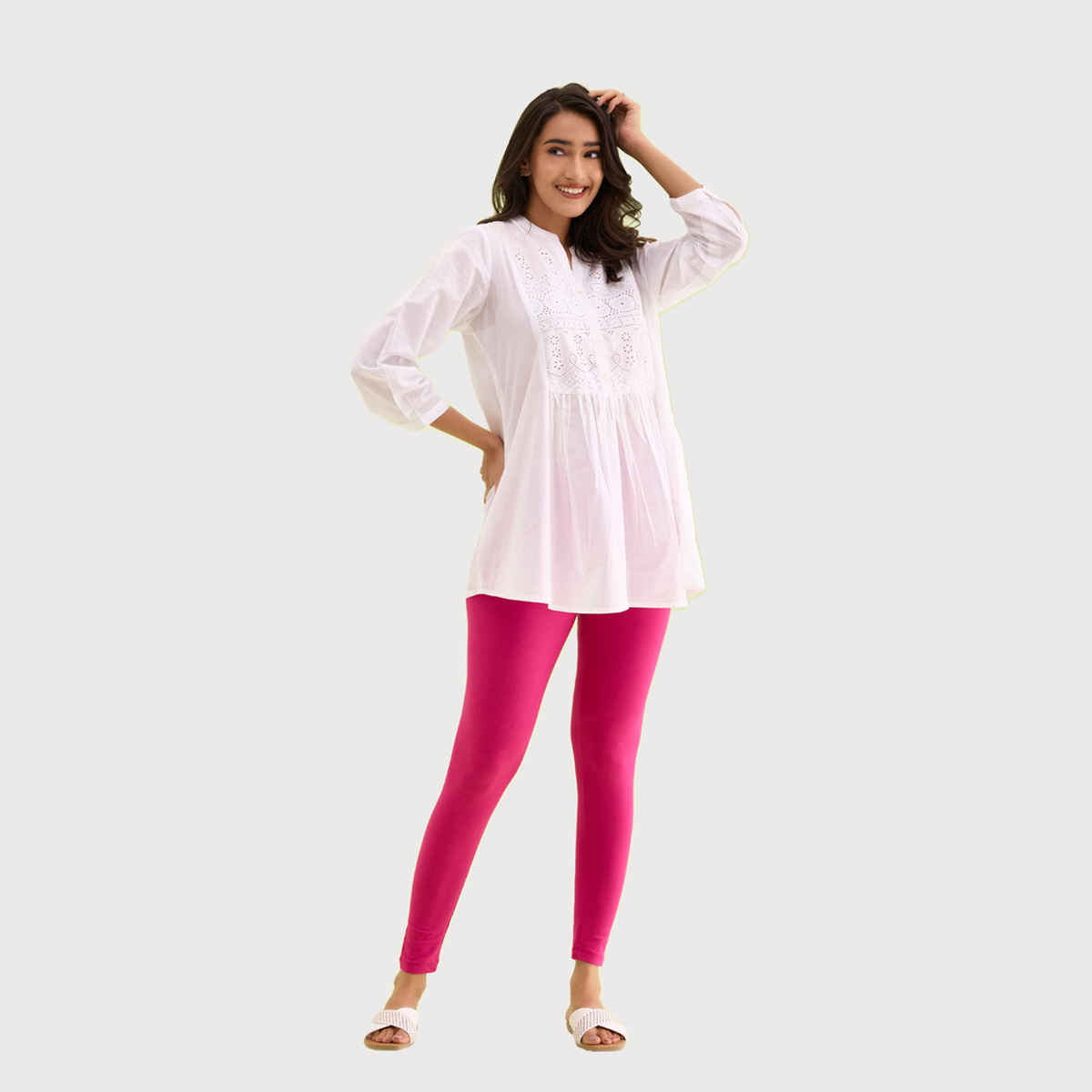 Go Colors Women's Solid Mid Rise Ankle Length Leggings | Dark Rose - S