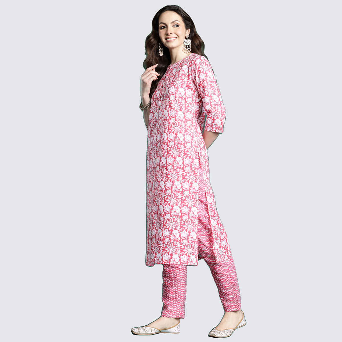 Indo Era Women's Printed Straight Kurta Pant with Dupatta set | KH0PK11044 | Pink - XL