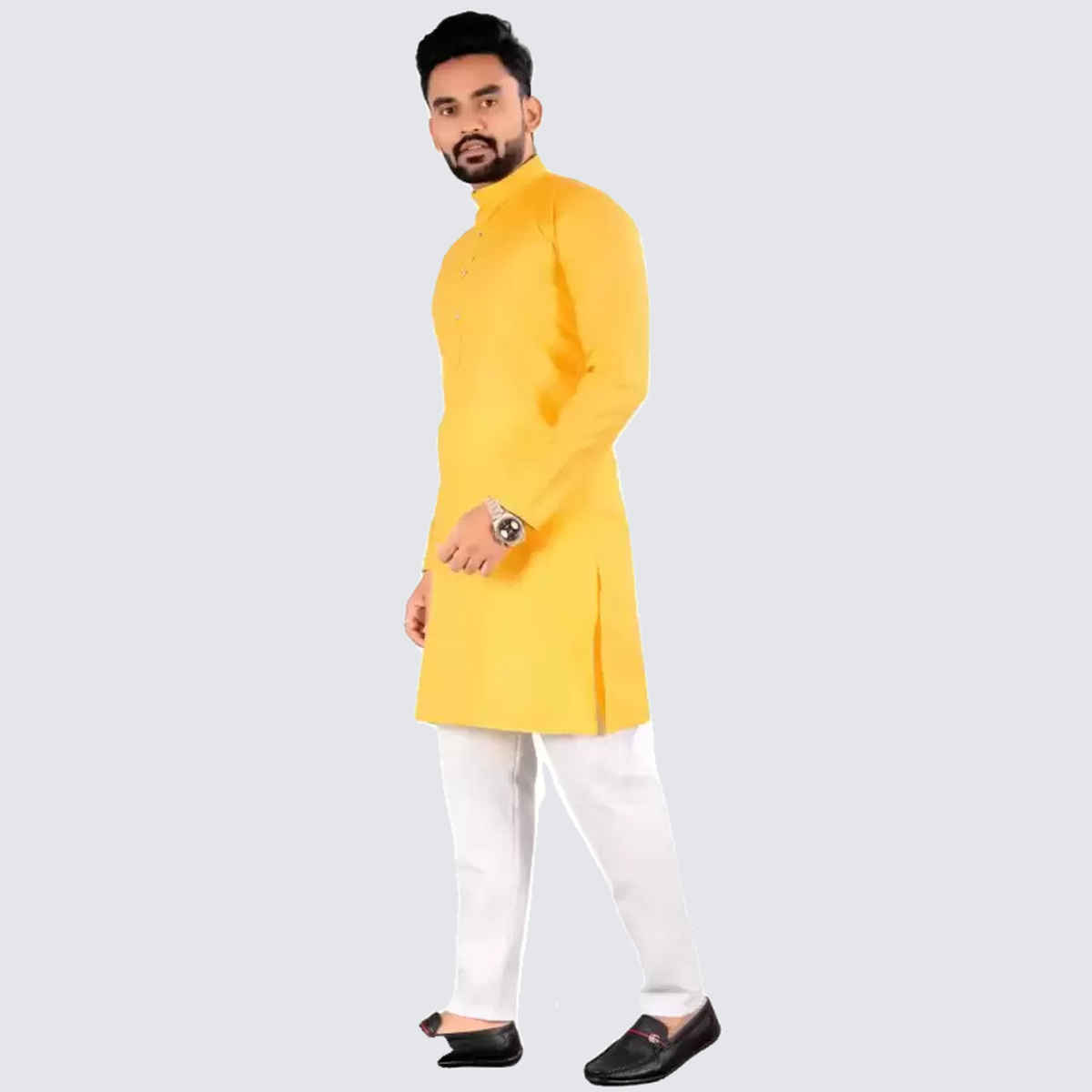 Freluro Men's Solid Cotton Blend Straight Kurta | Yellow - S