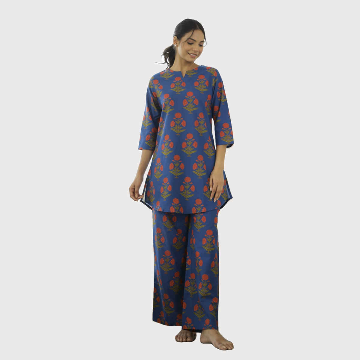 Sanskrutihomes Floral Printed Pure Cotton Night Suit | Blue - XL