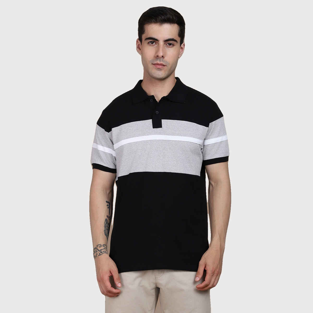 Dennis Lingo Men'striped Polo Collar Pure Cotton T-shirt | Black | XL