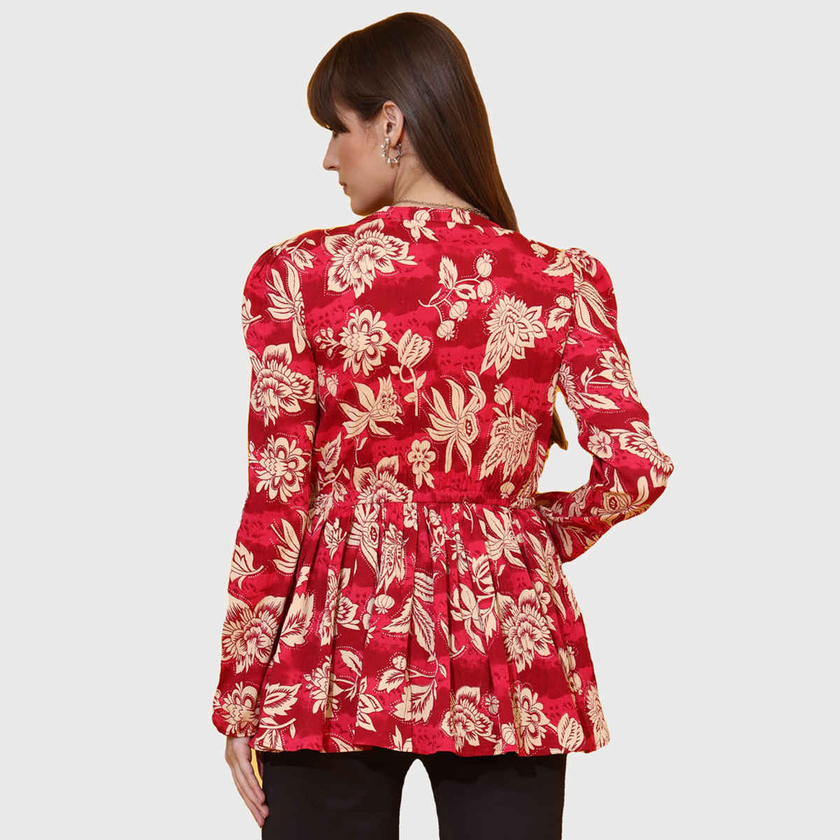 Sheetal Women's Floral Printed Mandarin Collar Peplum Crepe Top | 5204 | Red - XL