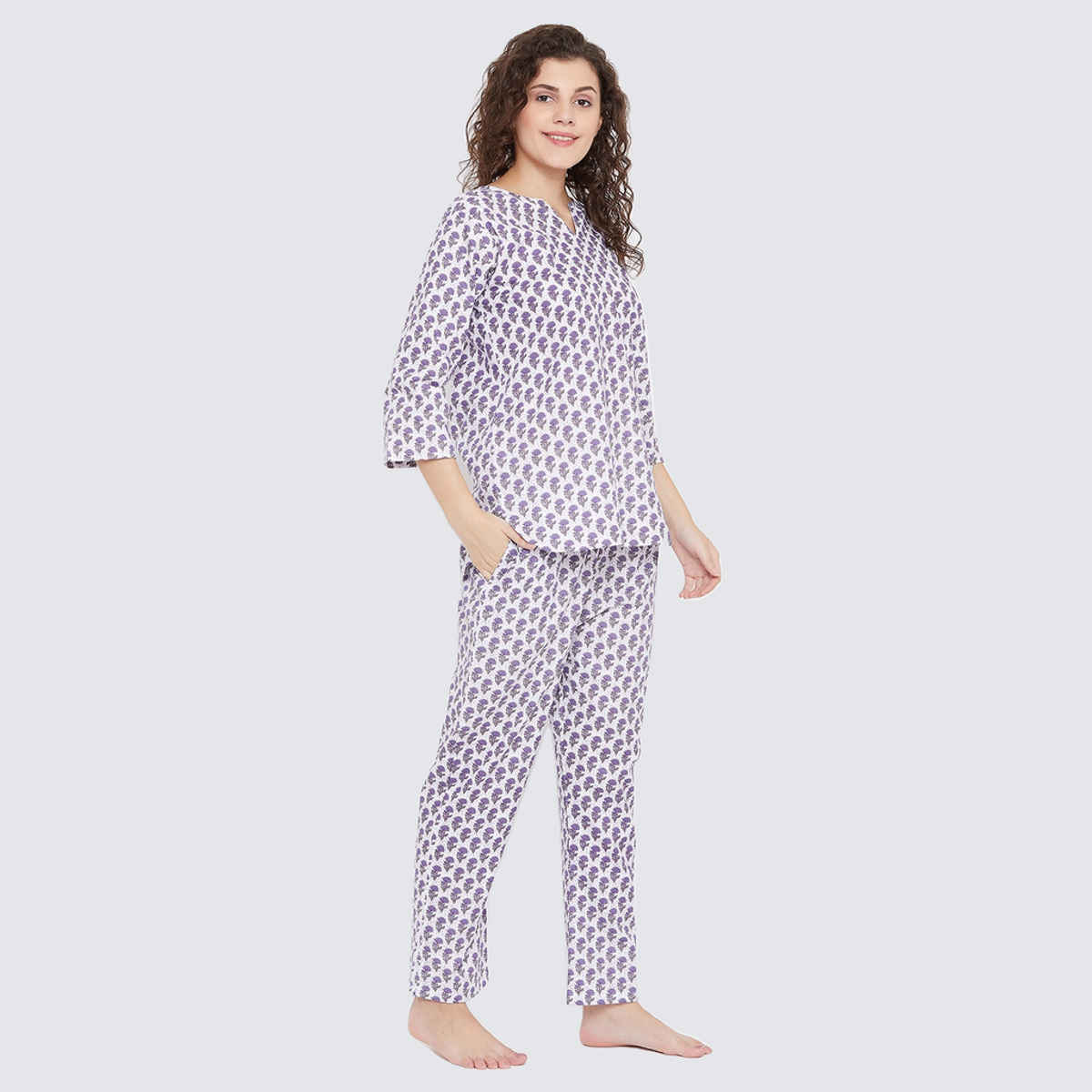 Clovia Pretty Florals Top & Pyjama - 100% Cotton(Blue - Xl)