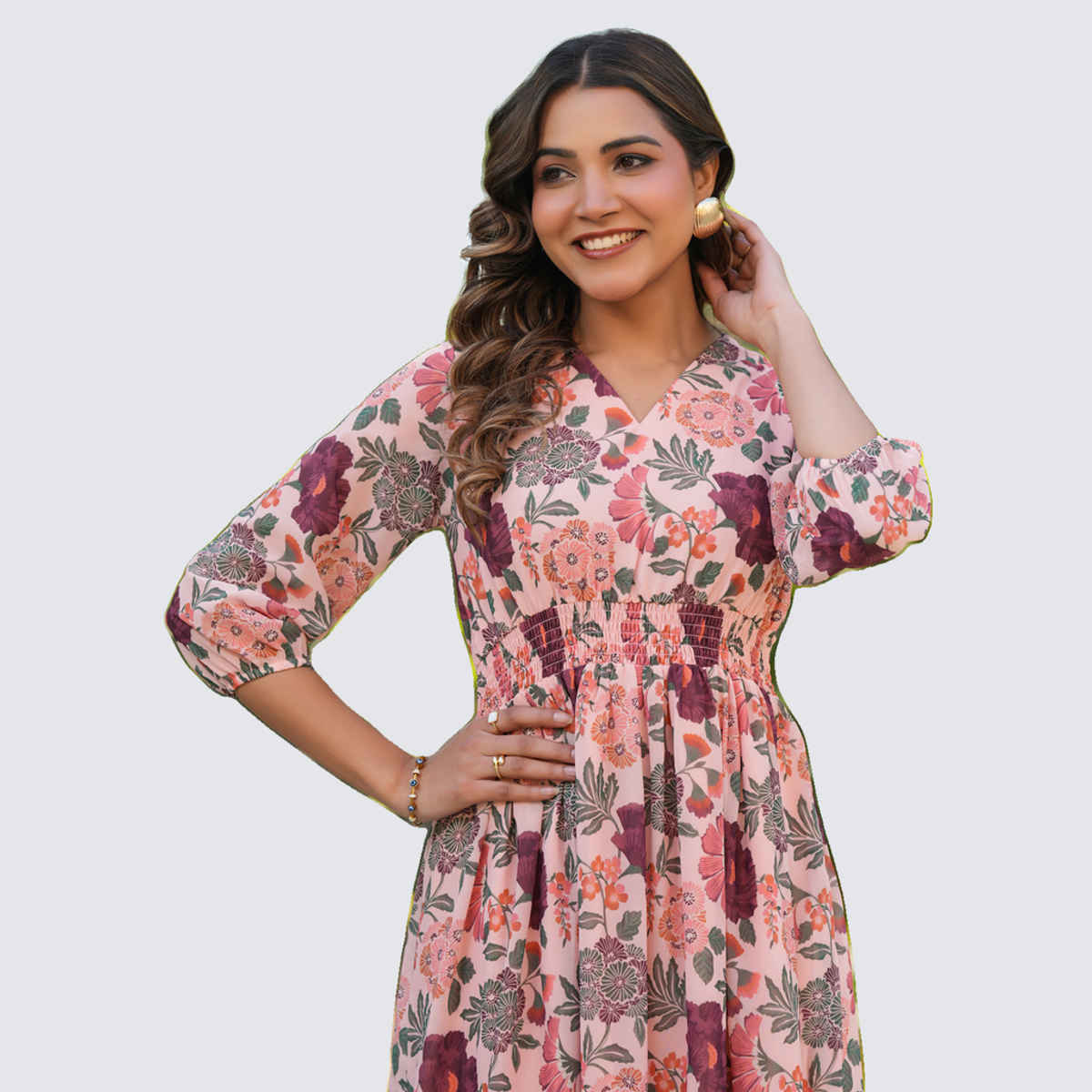 Janasya Women's Georgette Floral Printed Fit & Flare Dress | Peach - S