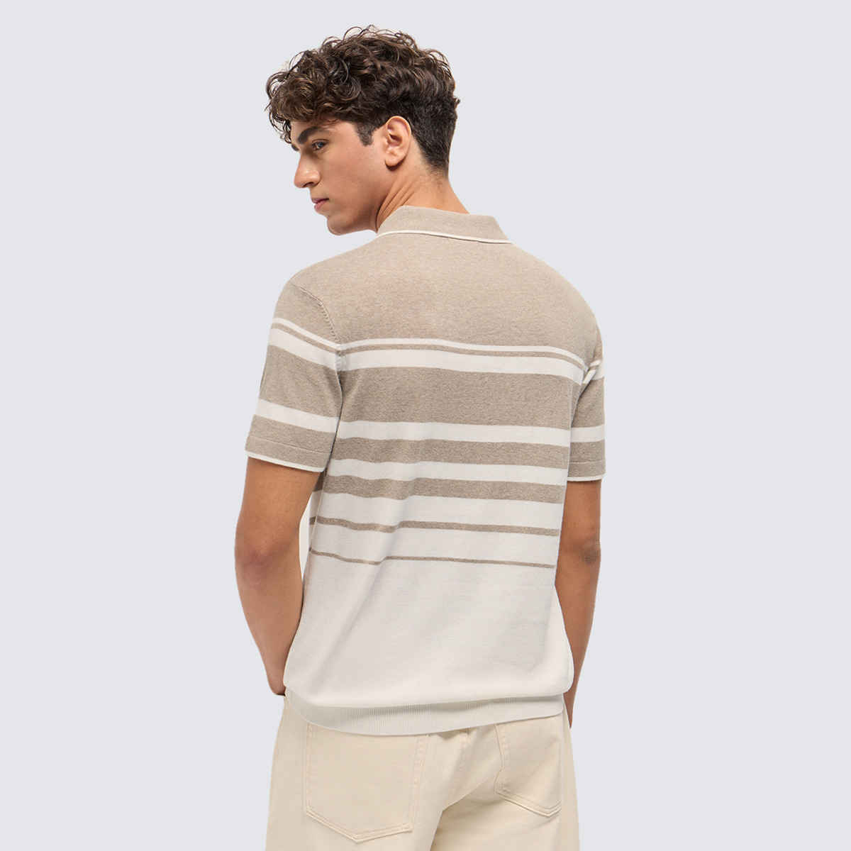 The Bear House Men's Striped Textured Flat Knit Slim Fit Polo Shirt | Beige and White - M