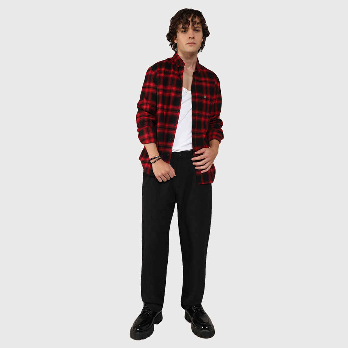 Campus Sutra Men's Brushed Buffalo Check Shirt | Midnight Black & Scarlet Red - XL