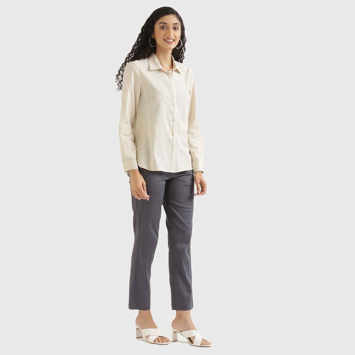 Saadaa Women's Airy Solid Linen Shirt | Ecru - XL