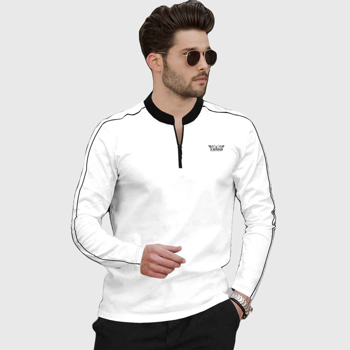 TRIPR Men Cotton Blend Mandarin Collar T-shirt | White and Black - 2XL