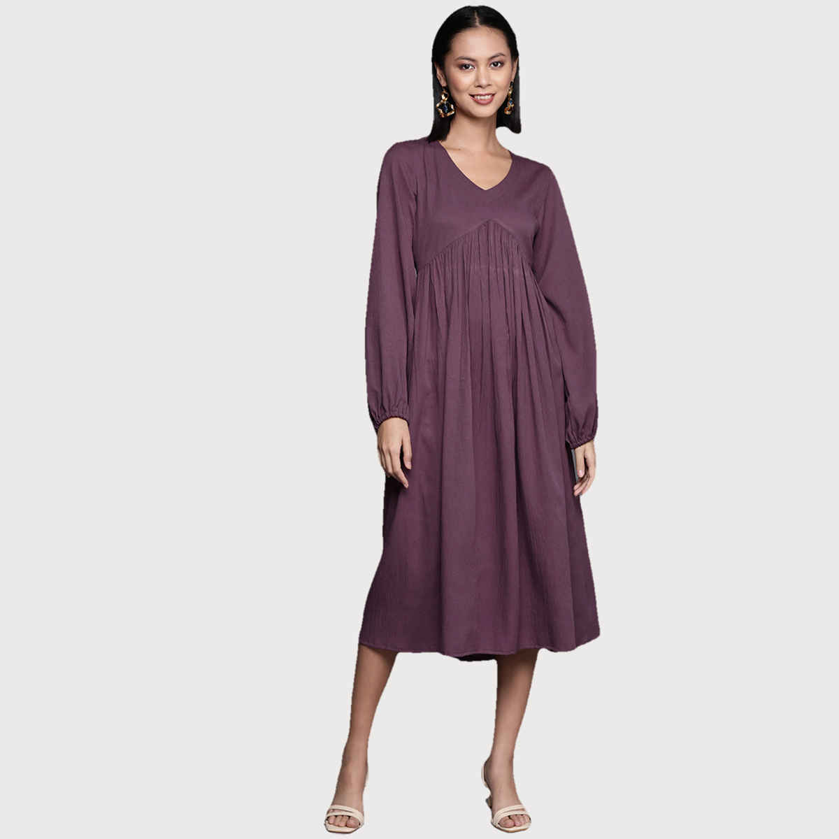 Varanga WoMen's V-Neck Bishop Sleeves Gathered Calf Length A-Line Dress with Flared Hem | Mauve - M