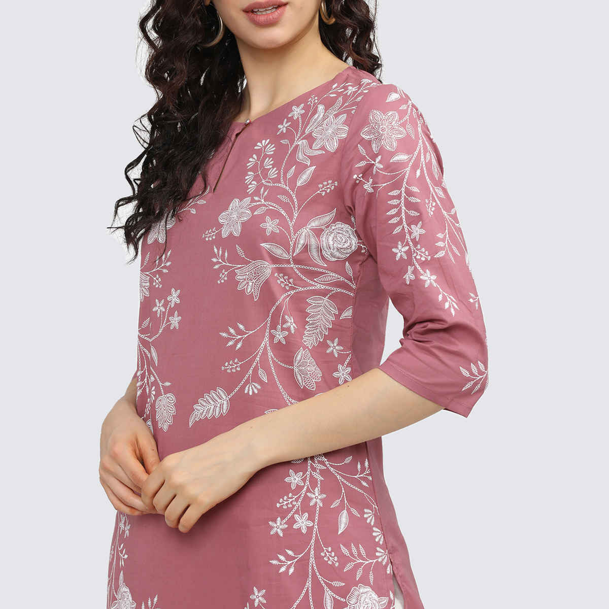 Vishudh Women's Floral Printed Keyhole Neck Kurta | VNKU011650 | Pink - XL
