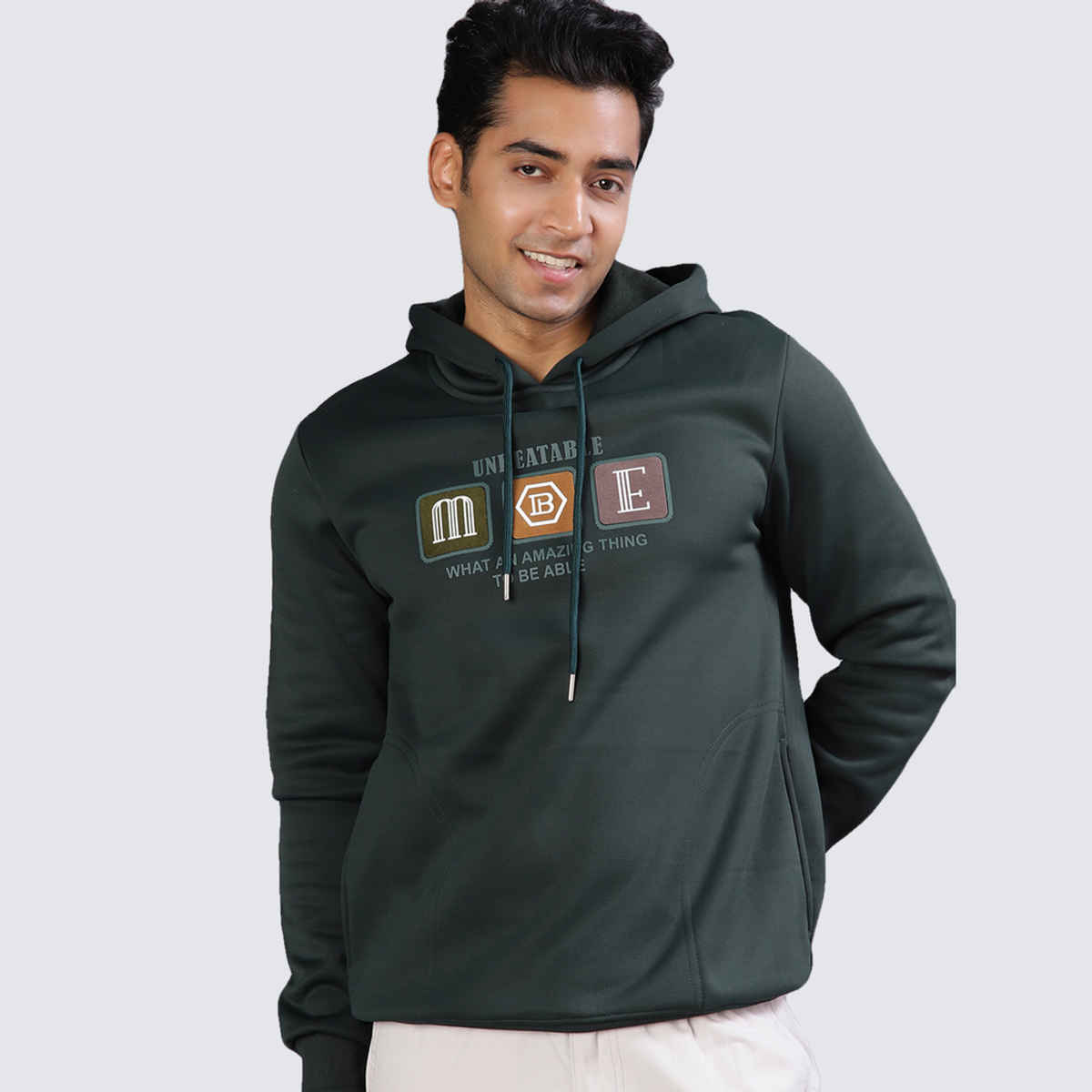 V-Mart Men's Printed Polyester Hooded Neck Sweatshirt | Dark Green - M