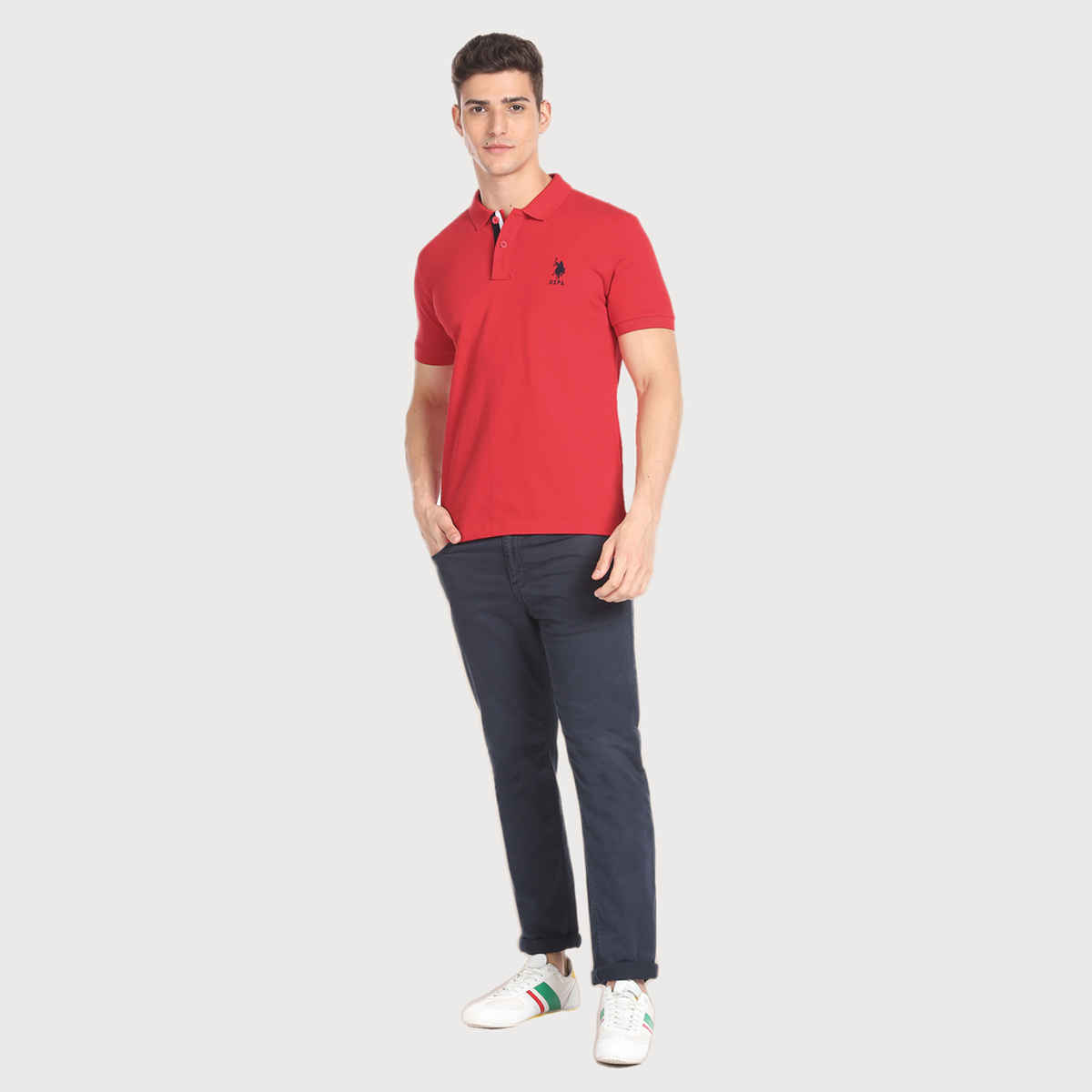 USPA Solid Pique Cotton Polo T Shirt For Men - Red - L