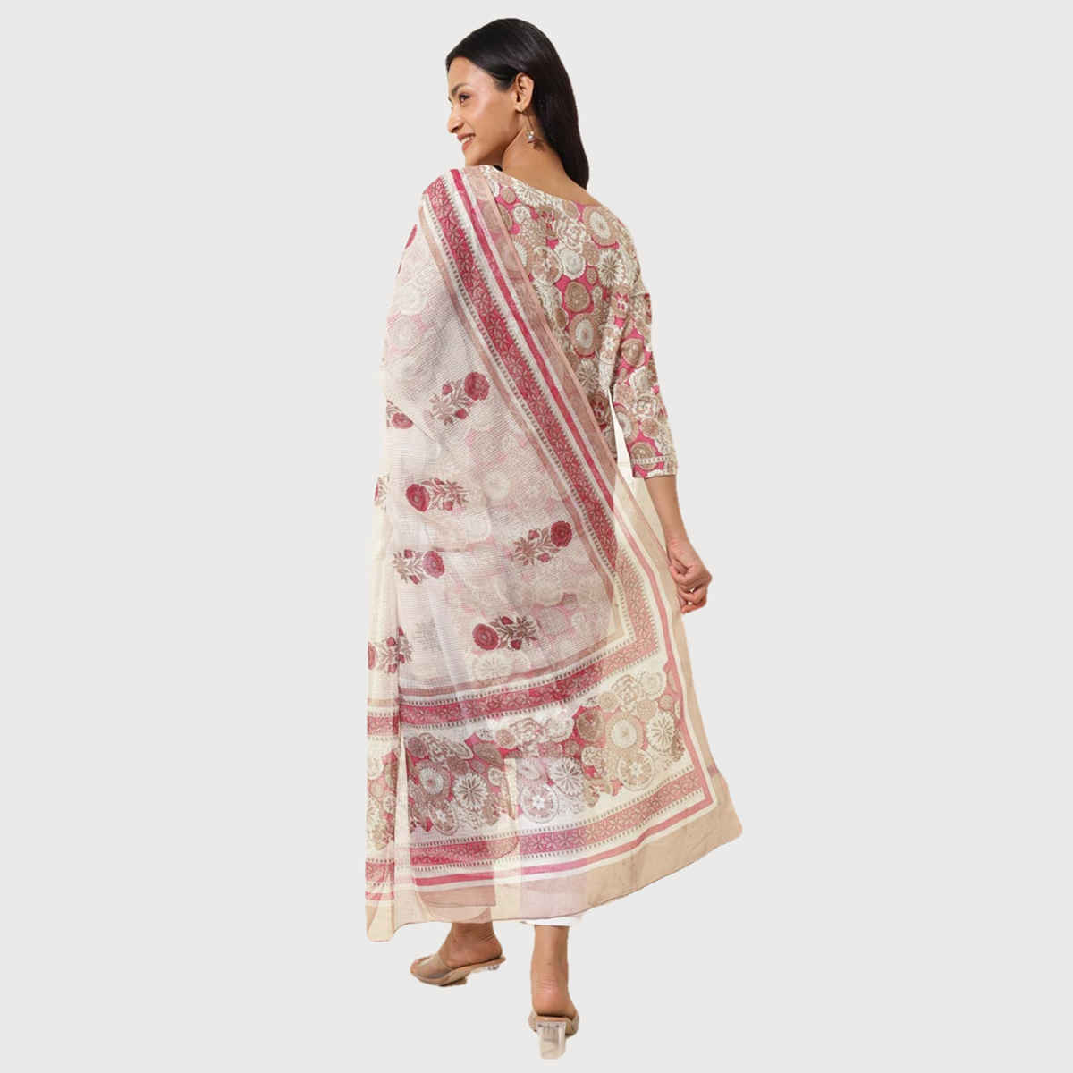Fabindia Women's Dupatta & Kurta Set Cotton Printed | Pink - XL