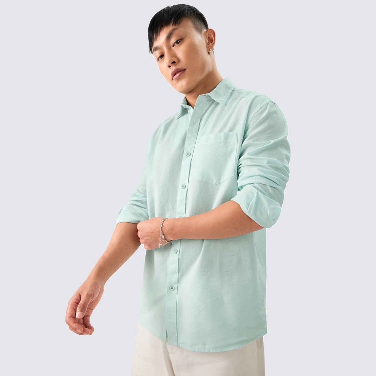 The Souled Store Men's Regular Cotton Linen- Ocean Blue Shirts | XL