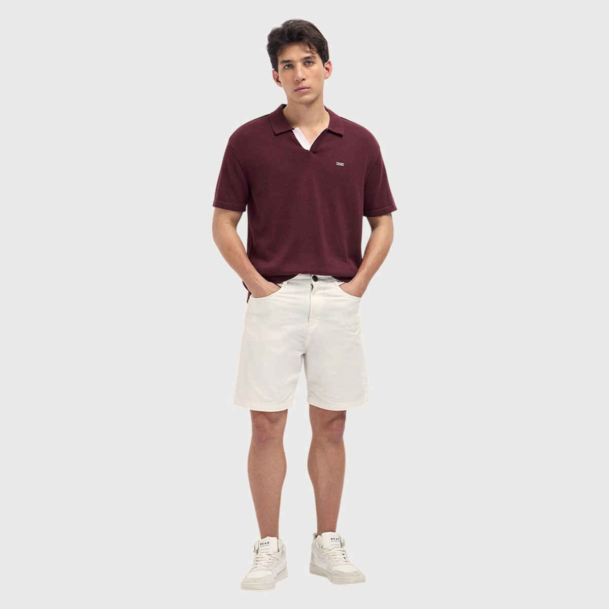 The Bear House Men's Solid Relaxed Fit Polo with BEAR Badge Detail | Maroon - M