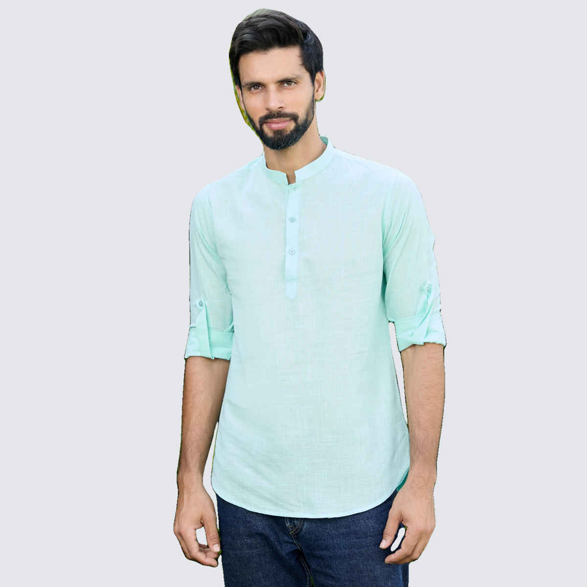 See Designs Men's Pure Cotton Slub Short Kurta | Sea Green - M