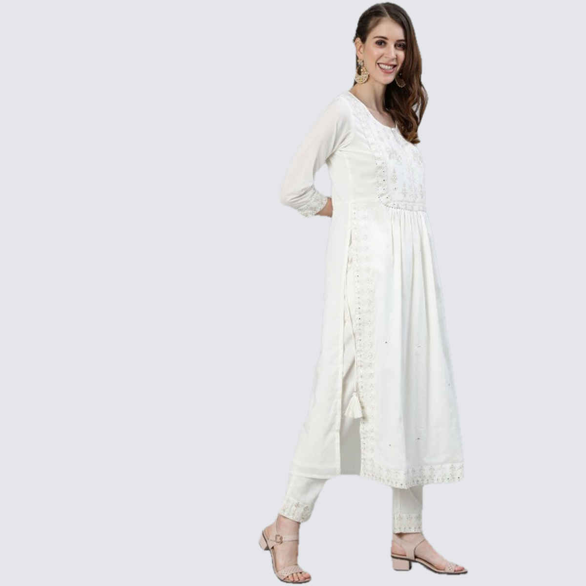 Ishin Women's Kurta Set Ethnic Motifs Embroidered Pure Cotton with Trousers | Off White - L