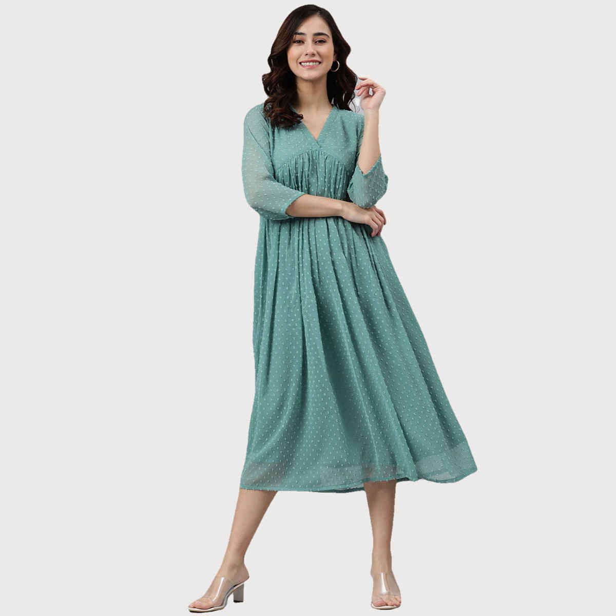 Janasya Women's Green Chiffon Self Design Flared Western Dress - S