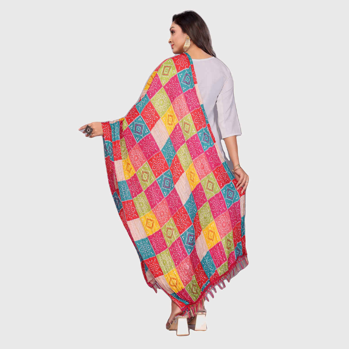Fabflick Chinon Crush Printed Multicolor Tassel Embellished Women's Dupatta | CHNCR-002