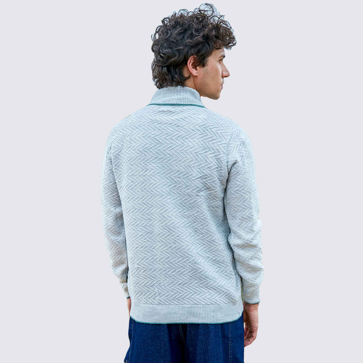 Campus Sutra Men's Herringbone Textured Pullover Sweater | Light Grey - S