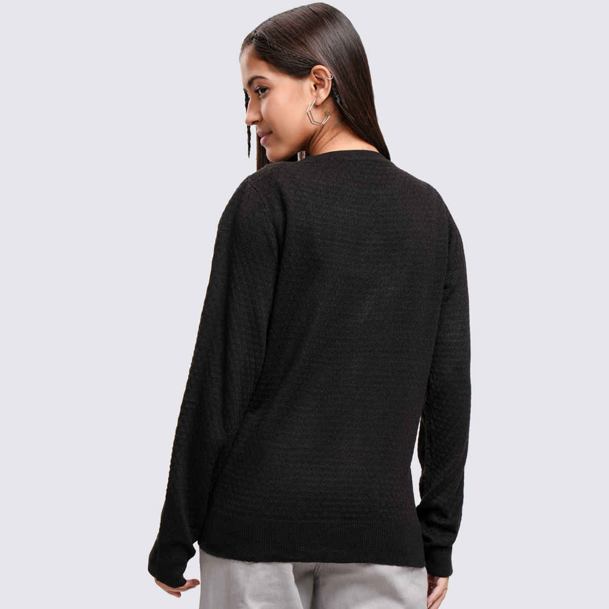 Tokyo Talkies Women's Self Design Cardigan Sweater | Jet Black - S