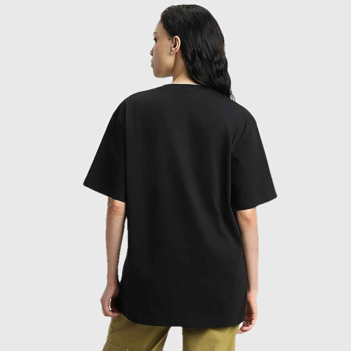 Juneberry Black Oversized Fit Round Neck T-shirt for Women - L