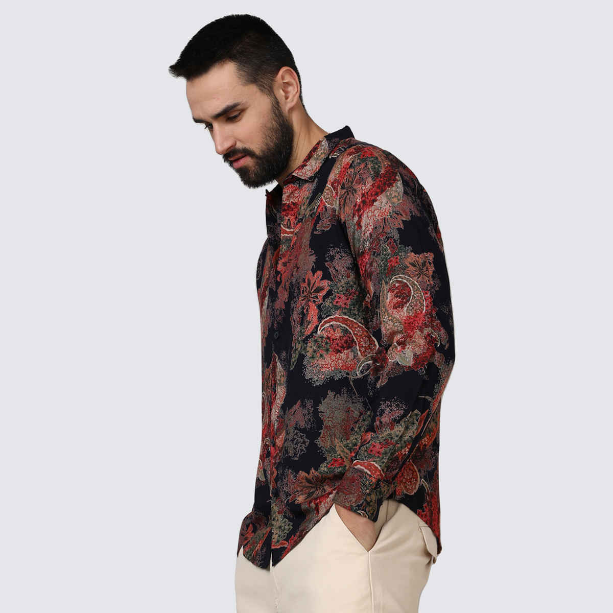 Campus Sutra Men's Paisley Flora Shirt | Crimson Red & Midnight Black - M