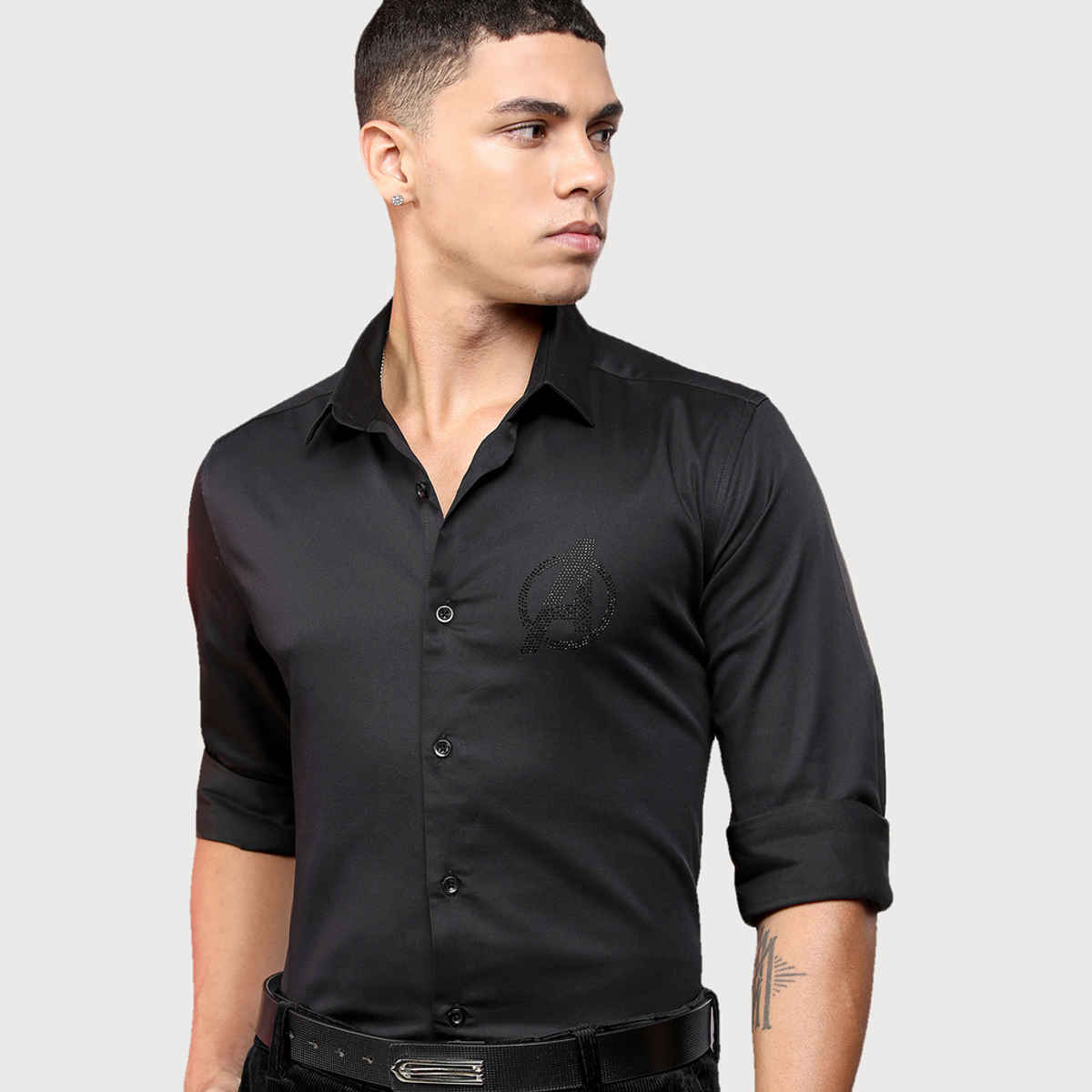 Highlander Men's Marvel Avengers Satin Embellished Slim Fit Party Shirt | Black - M