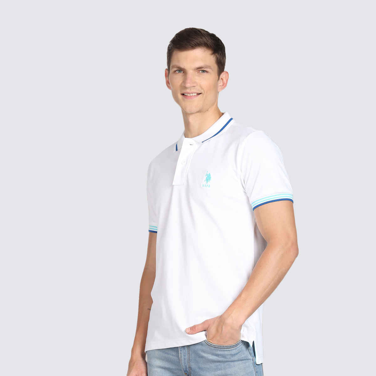 USPA Men's Striped Hem Cotton Polo T Shirt - Regular Fit - White - XL