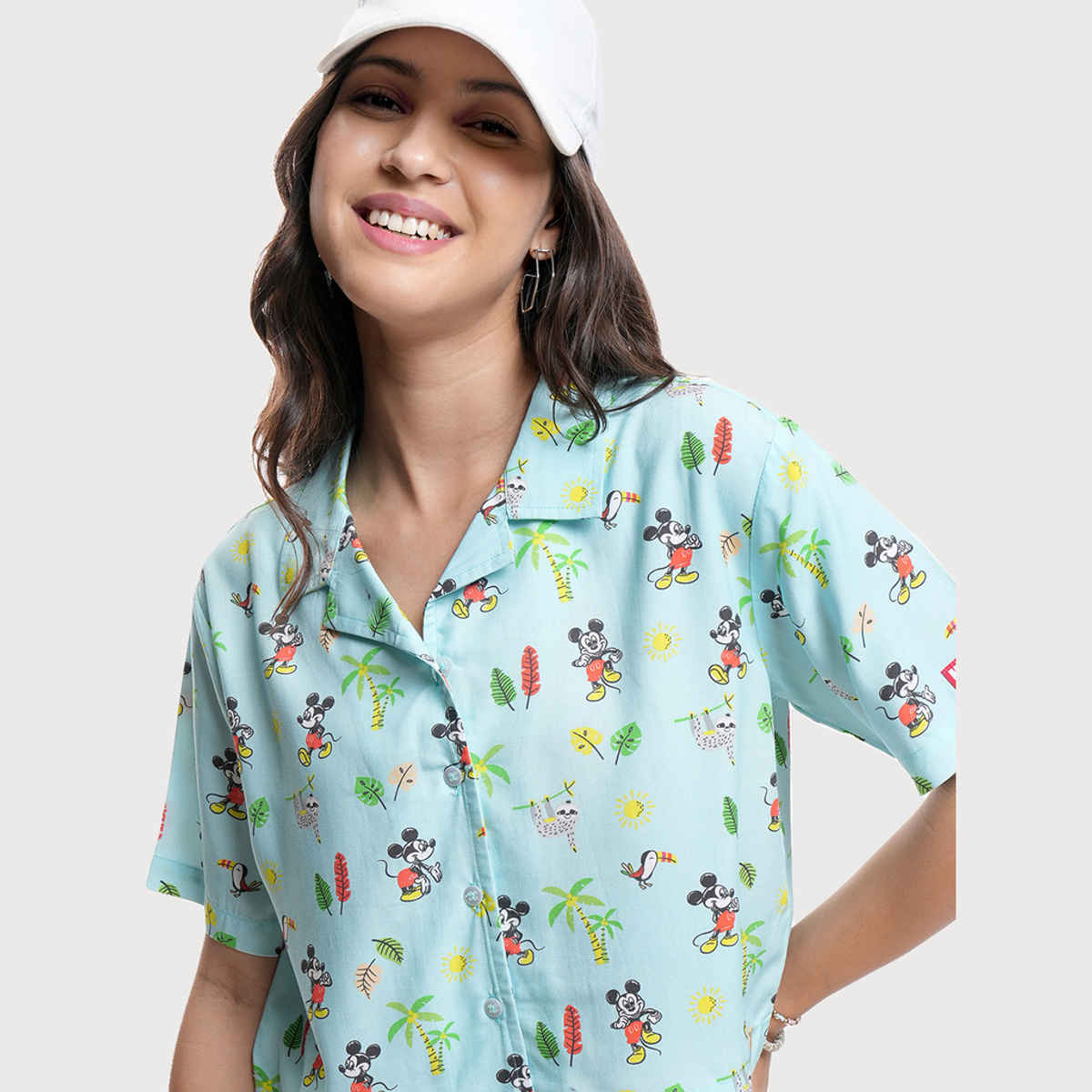 Tokyo Talkies Women's Mickey Print Cuban Collar Boxy Fit Crop Shirt | Blue Multi - XL