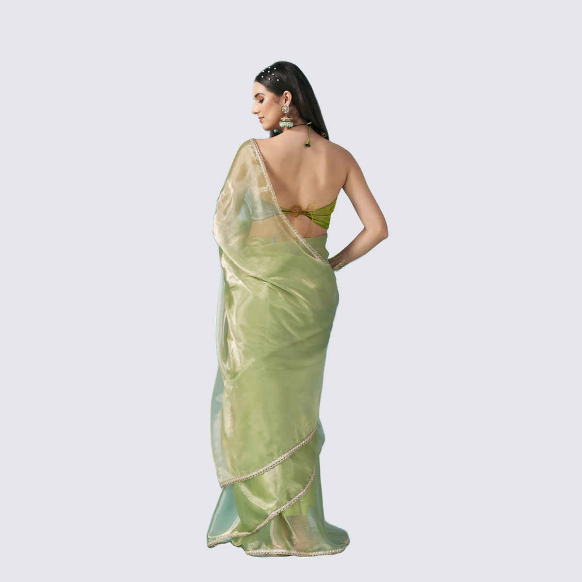 Tikhi Imli Women's Shimmer Satin Lace Saree With Unstitched Blouse | Green
