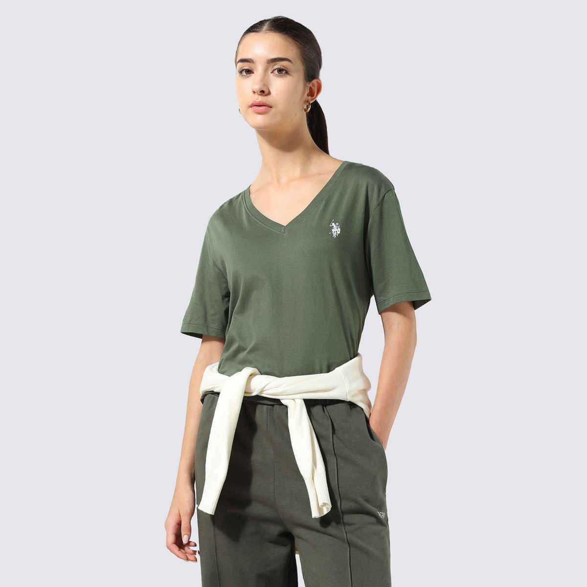 USPA Boxy Fit Solid Lounge V - Neck Tshirt For Women - M
