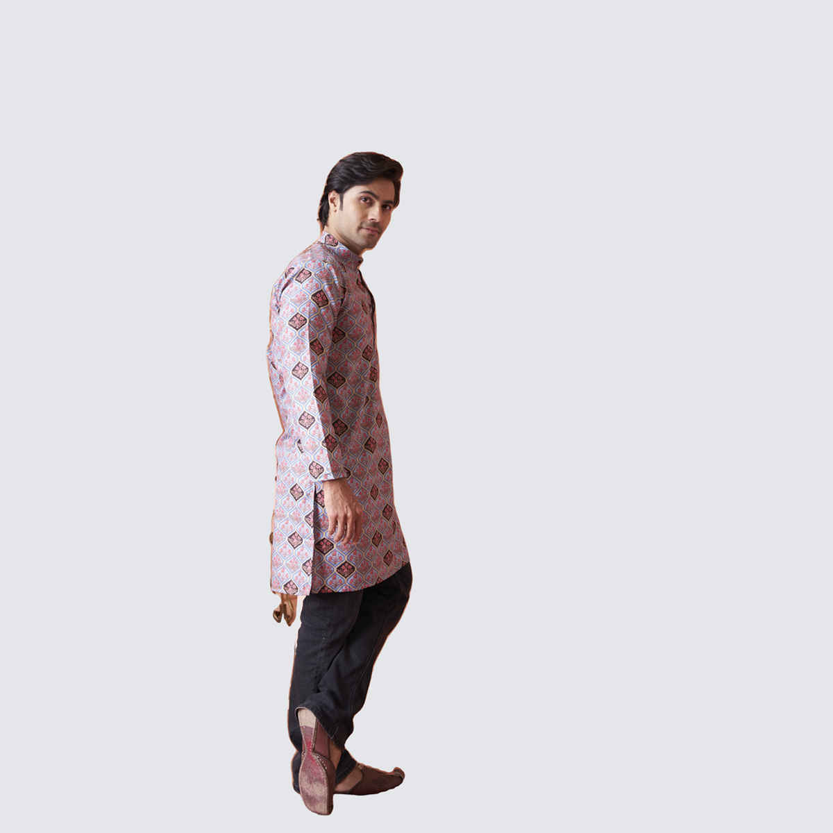 House Of Festivals Men's Printed Cotton Blend Long Kurta | Light Blue - XL