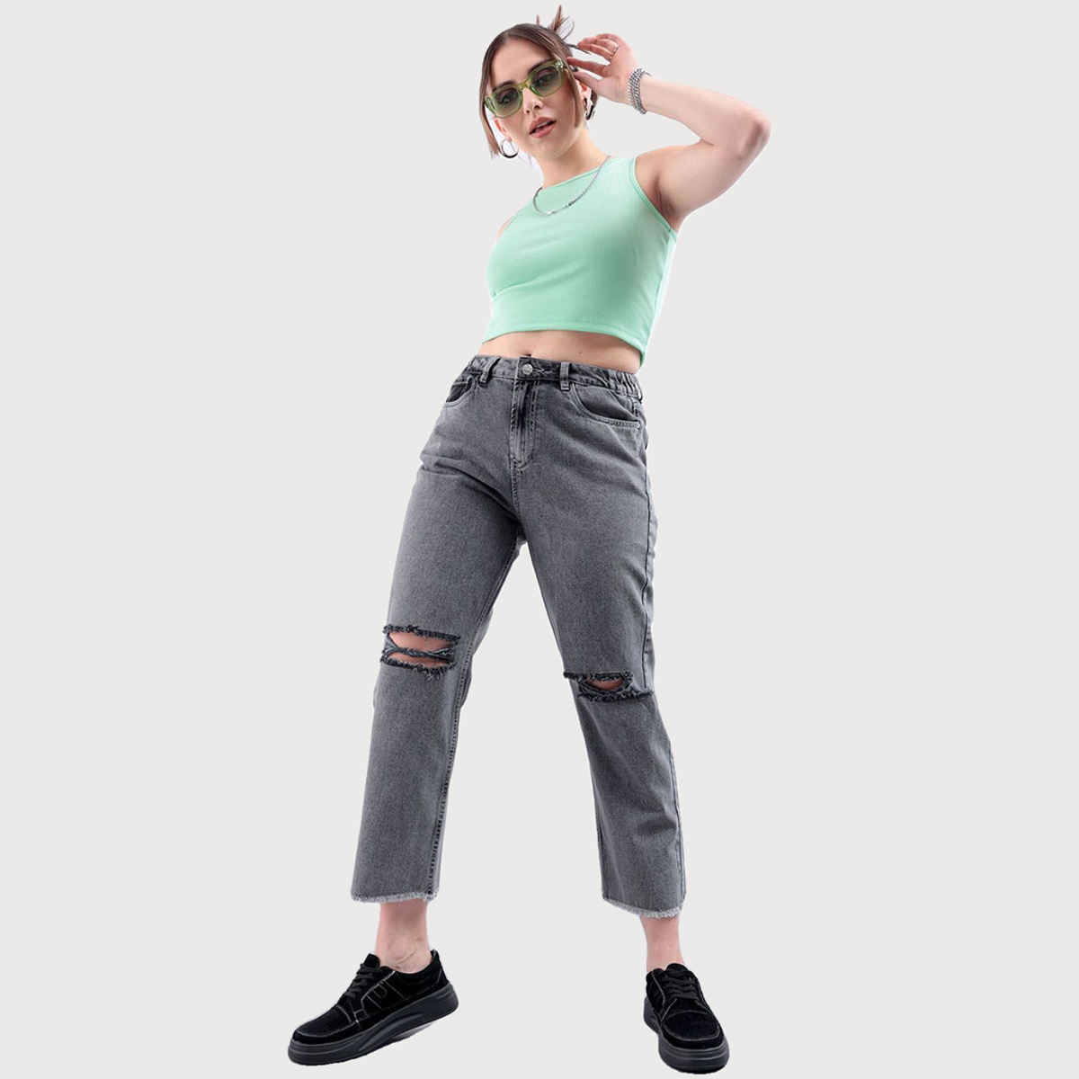 Freehand Women's High Rise Raw Edge Straight Fit Ankle Length Distressed Jeans | Grey - 28