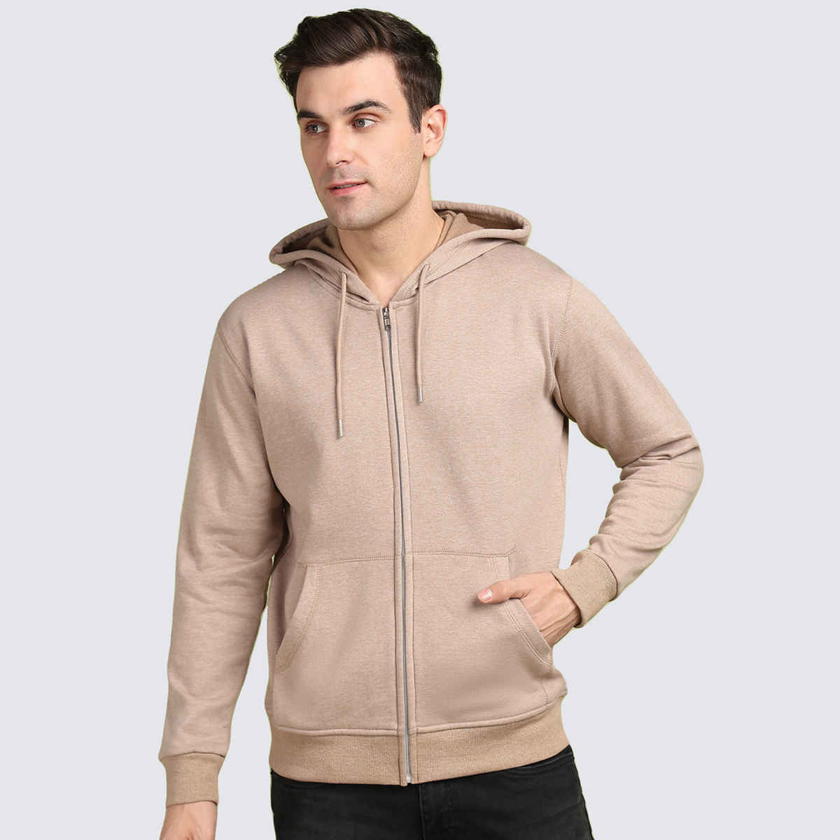 Alan Jones Clothing Men's Solid Zipper Hooded Sweatshirt | Biscuit - M