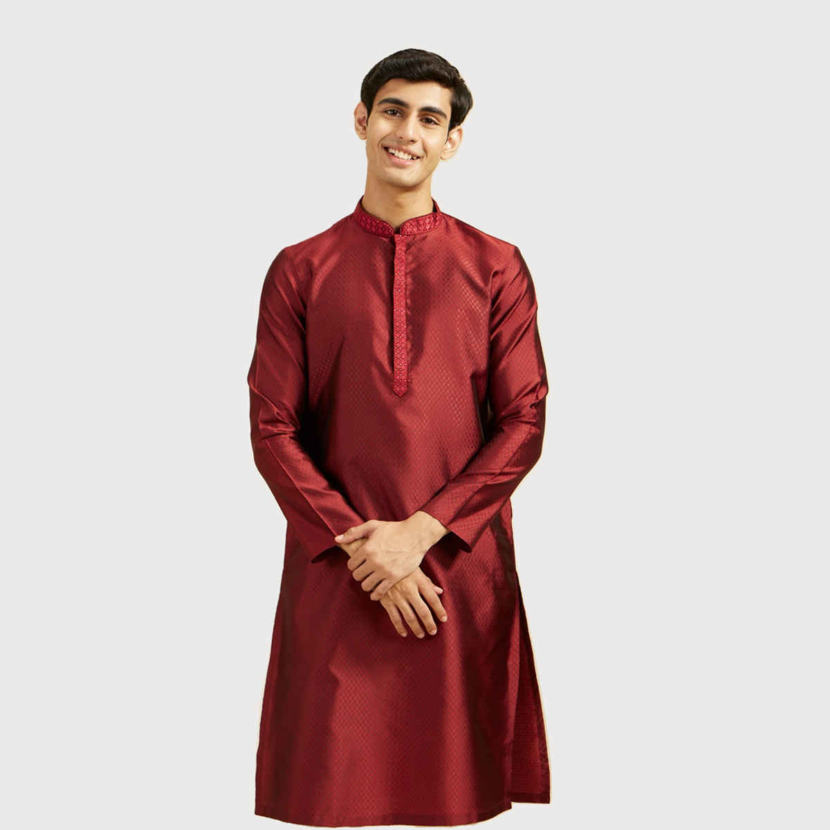 Diwas By Manyavar Men's Lattice Patterned Kurta with Embroidered Neckline | Maroon - 2XL