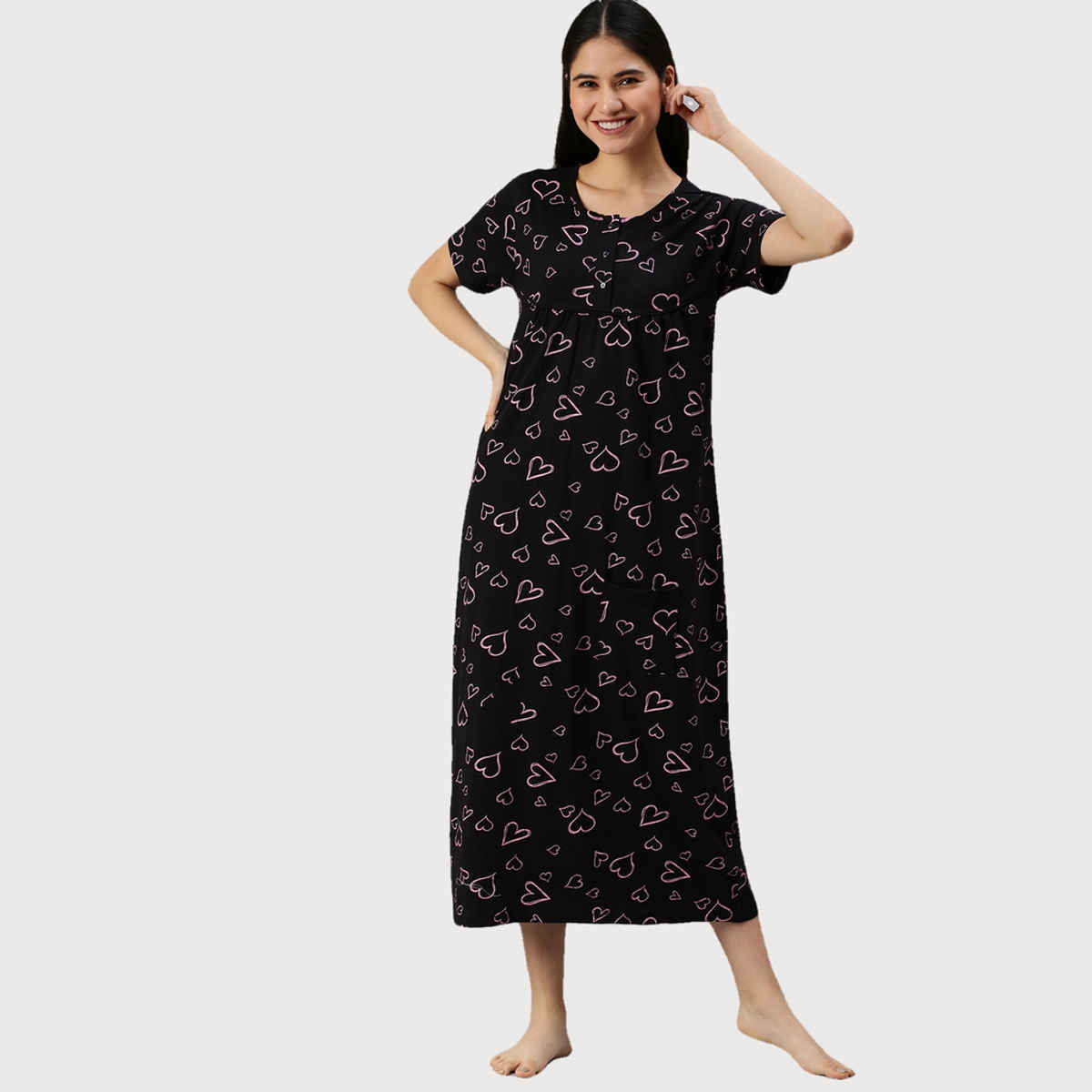 Kryptic Women Printed Pure Cotton Maxi Nightdress | Black - XL