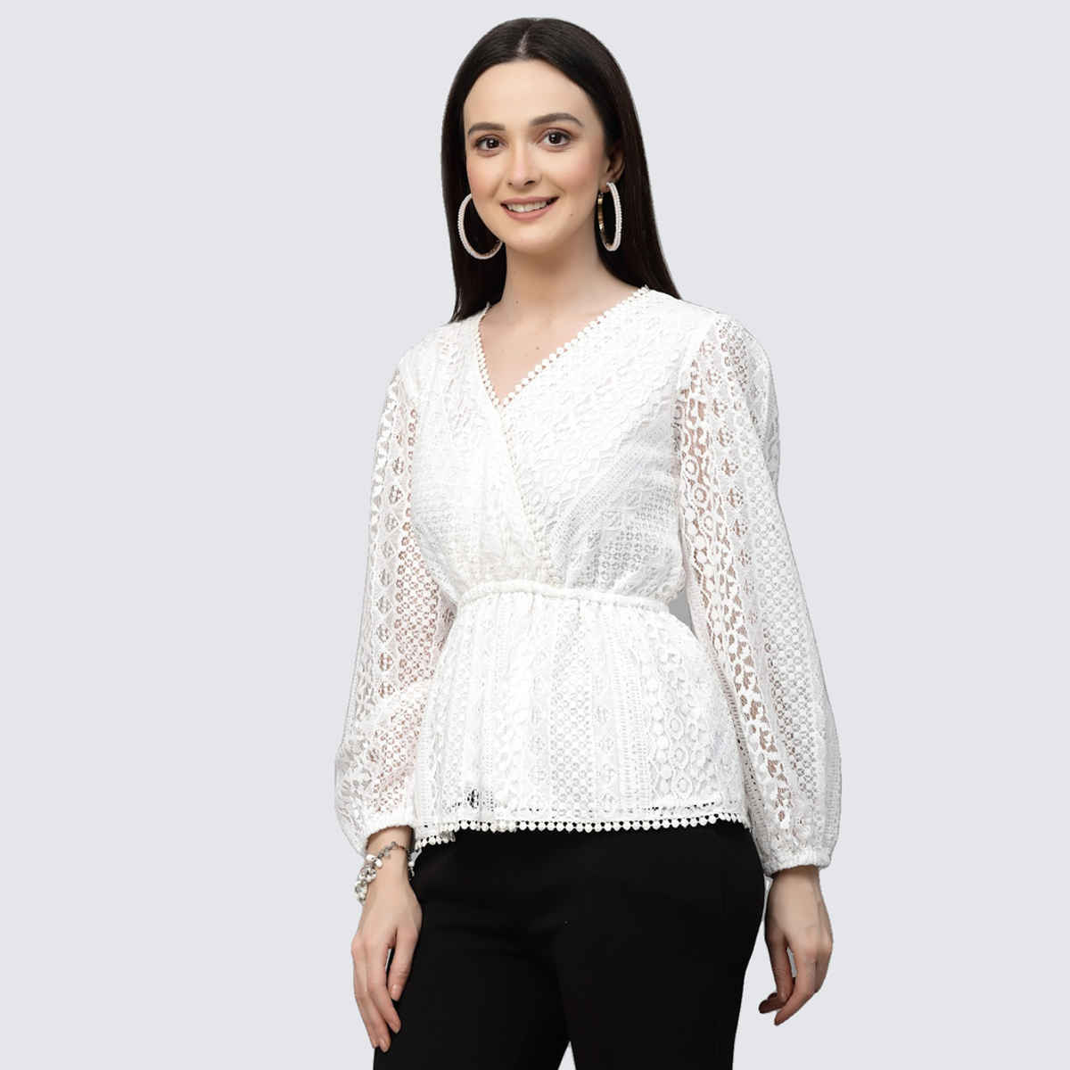Style Quotient Women White Self Design Lace Regular Casual Peplum Top | L | SS23SQLACEY - White