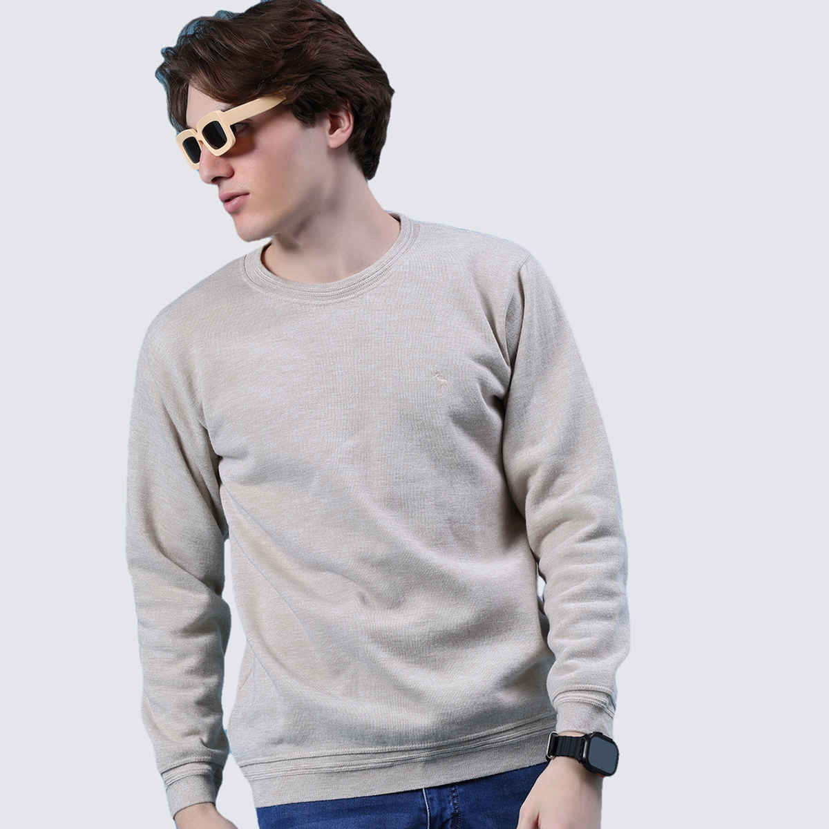 V-Mart Men's Solid Pentium Interlock Round Neck Sweater | Beige - XXL