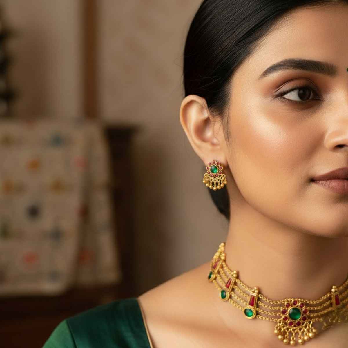 The Opal Factory Choker Necklace Set | Red and Green Stone Work Flower Design Motifs and Earrings