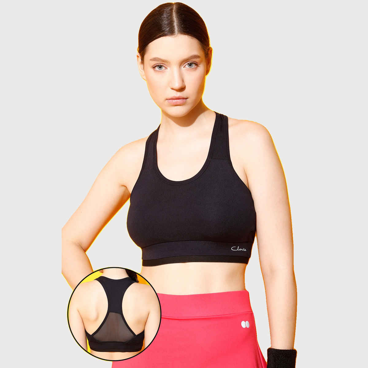 Clovia Medium Impact Padded Sports Bra With Mesh Racerback Design | Black | M