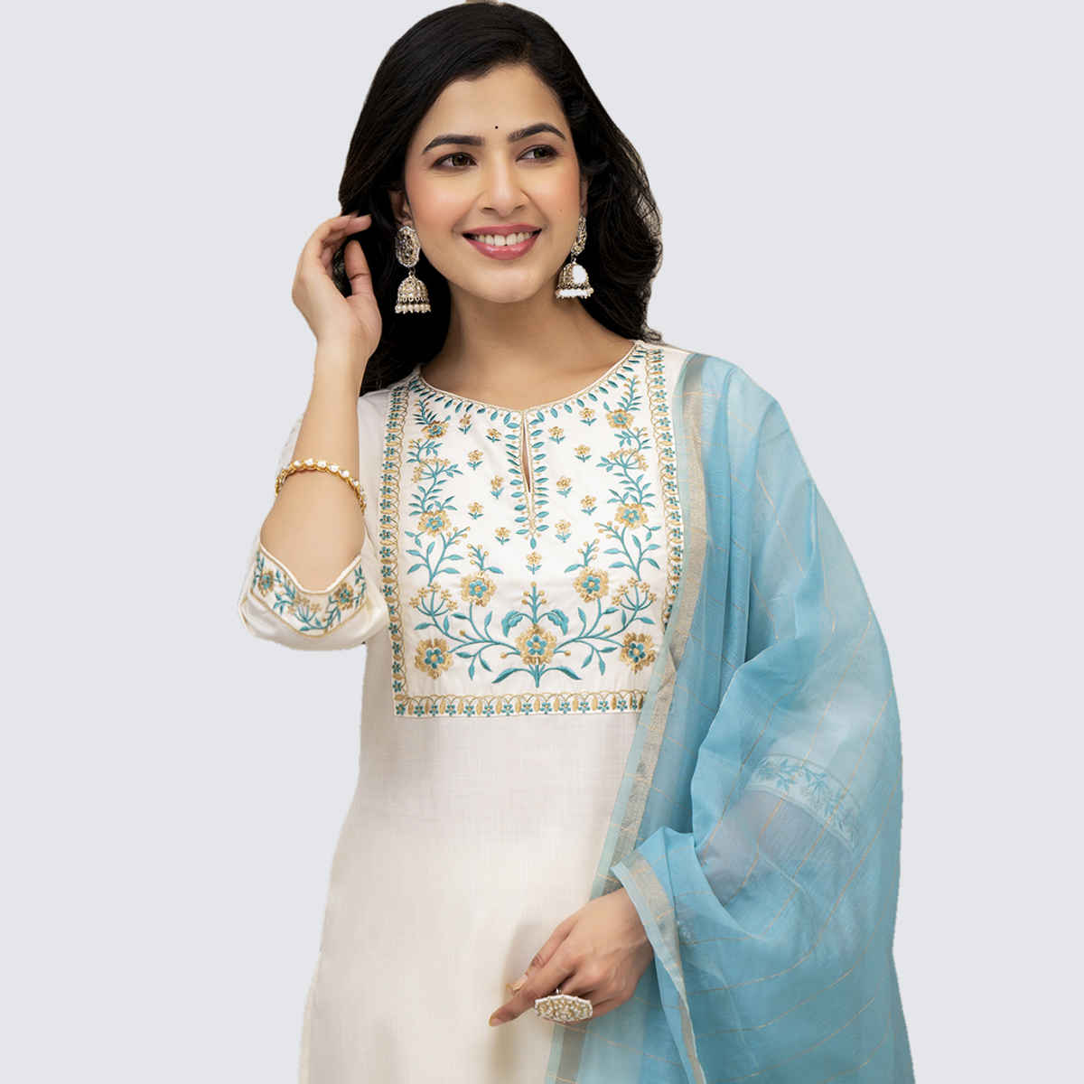 Vishudh Women's Embroidered Panel Straight Kurta with Palazzo & Dupatta | PVK3000003 | Cream - L