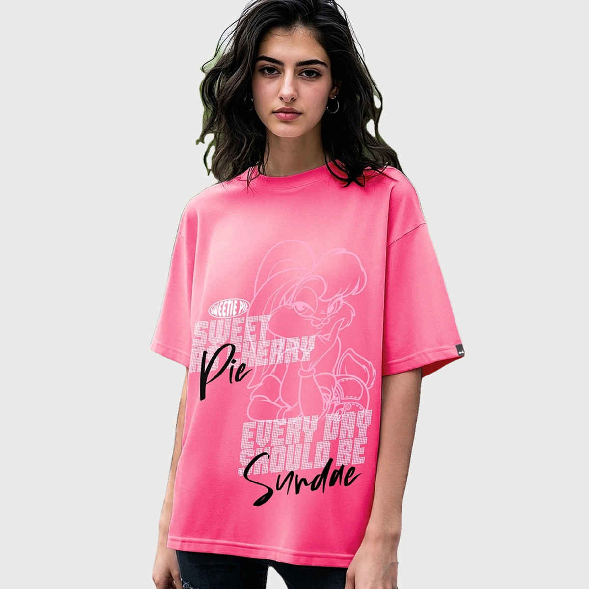 Bewakoof Women's Official Looney Tunes Sundae Graphic Printed Oversized T-shirt | Pink - L
